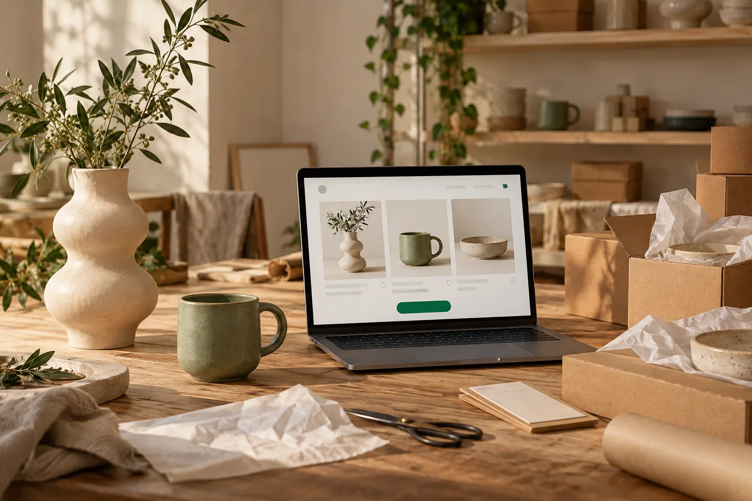 Ceramic products and order packaging beside an online storefront